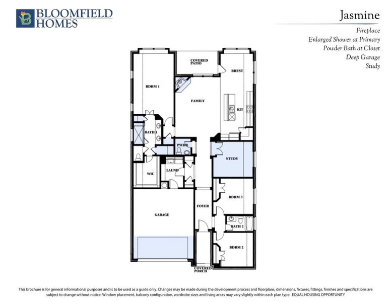 Bloomfield Homes Jasmine floor plan with three bedrooms, study, family room, and two-car garage layout. Bloomfield Homes Jasmine floor plan with three bedrooms, study, family room, and two-car garage layout.