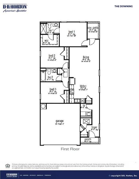 2D floor plan layout for the DOWNING by D.R. Horton in The Oaks at Center Station, Hollywood, SC (Image 3).