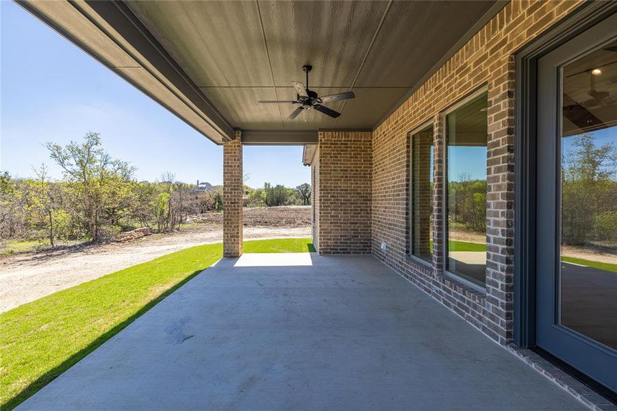 View of patio with ceiling fan