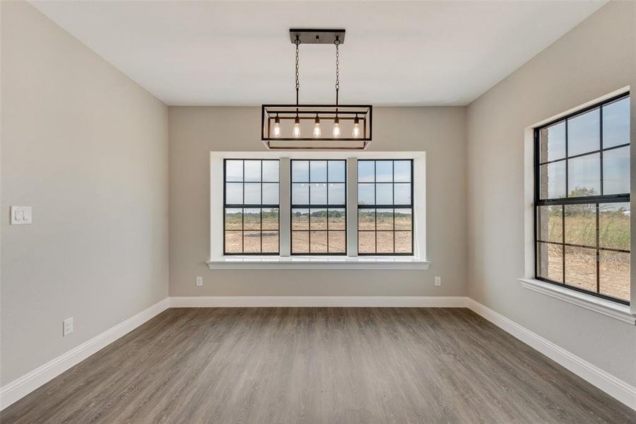 Spare room featuring plenty of natural light, an inviting chandelier, and dark wood-type flooring