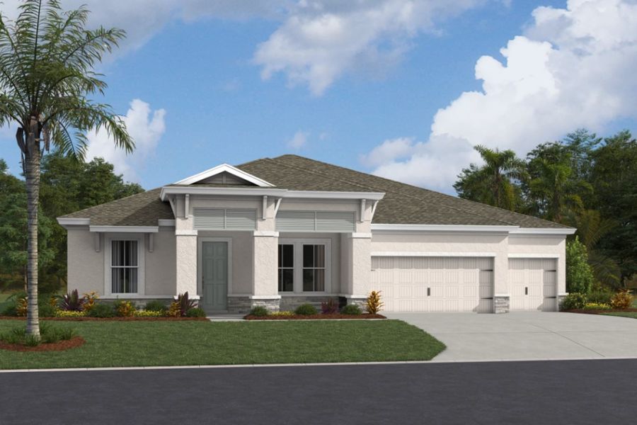 Representative exterior photo of a completed home built from the Key Largo I by Homes by WestBay in Pasadena Woods, Wesley Chapel, FL (Image 4). Representative exterior photo of a completed home built from the Key Largo I by Homes by WestBay in Pasadena Woods, Wesley Chapel, FL (Image 4).