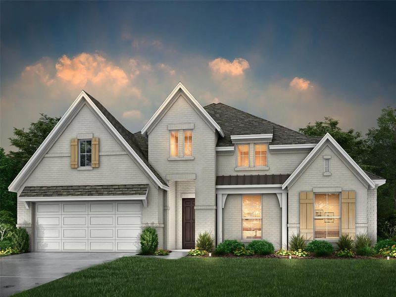 View of front facade with a garage and a yard