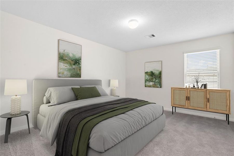 Secondary bedroom features plush carpet, neutral paint, lighting, large window with privacy blinds and ample sized closet space.