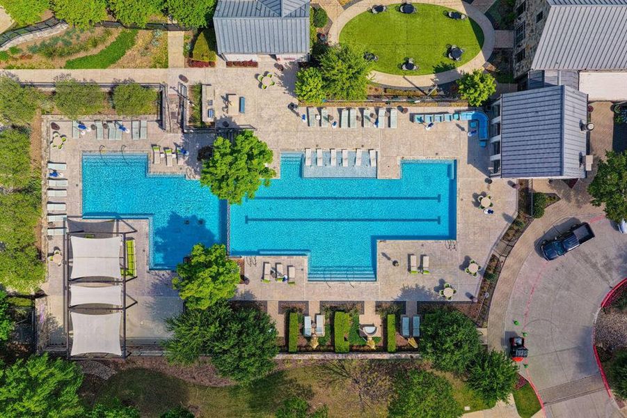 The property features an extensive outdoor area with a multi-section swimming pool, paved lounging areas with chaise lounges and seating, and landscaped green spaces