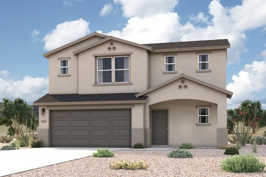 Front exterior of a new home in Western Crossings, Florence, AZ, highlighting curb appeal (Image 1). Front exterior of a new home in Western Crossings, Florence, AZ, highlighting curb appeal (Image 1).