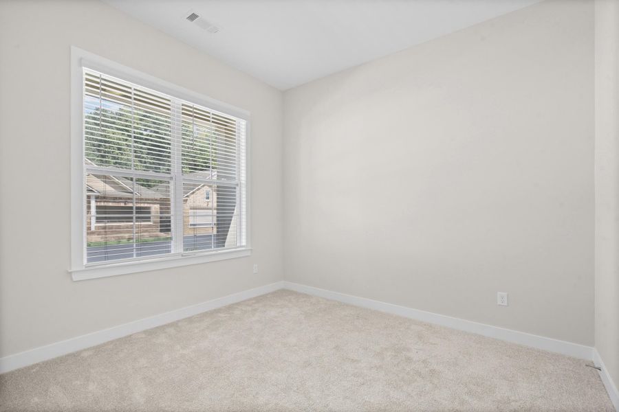 Neutral wall paint, plush carpet flooring, and a large window with blinds