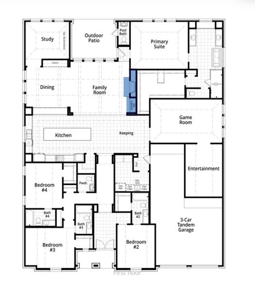 2D floor plan layout for the Treviso Plan by Highland Homes in Cambridge Crossing: 74ft. lots, Celina, TX (Image 5).
