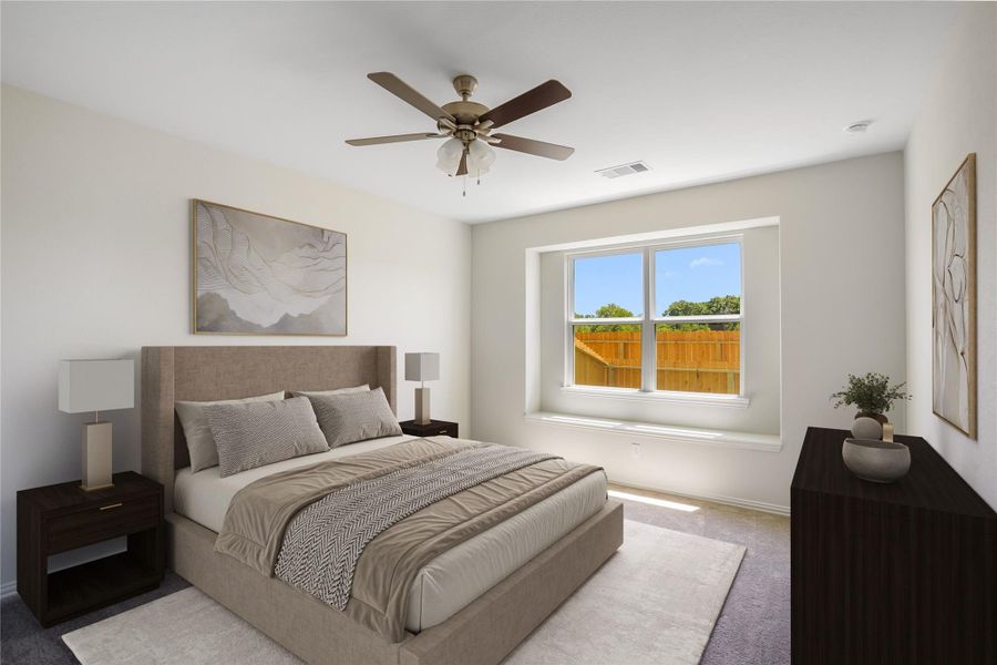 Guest Bedroom up features plush carpet with natural sunlight.