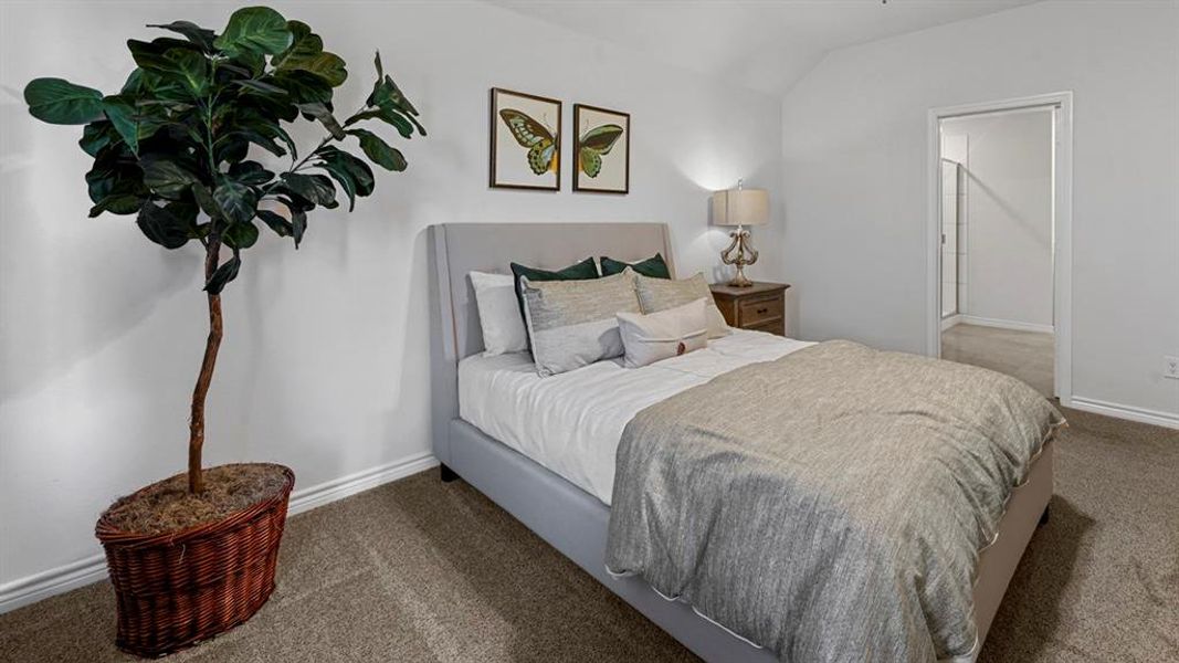 Carpeted bedroom with vaulted ceiling and baseboards