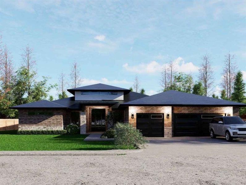 View of front facade with an attached garage, a front lawn, driveway, and brick siding View of front facade with an attached garage, a front lawn, driveway, and brick siding