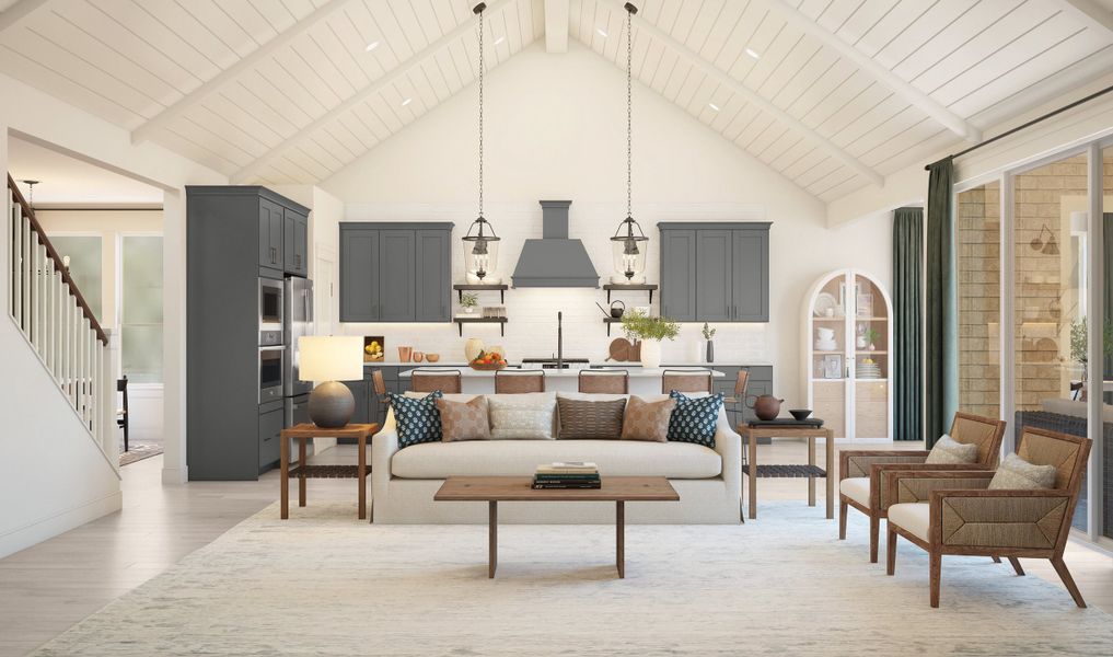 Great room with vaulted ceiling and shiplap Great room with vaulted ceiling and shiplap