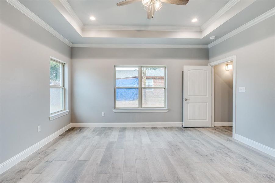 Spare room with a raised ceiling, crown molding, ceiling fan, and light wood-type flooring