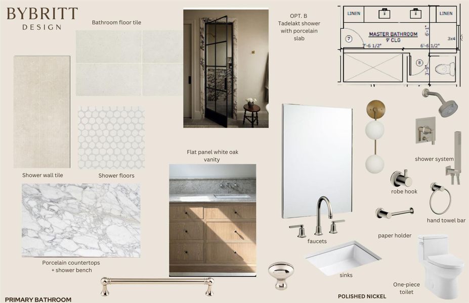 Design Board, Primary Bathroom. Presenting proposed material selections and layout for the property's primary bathroom