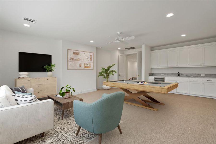 At 22' x 18' the upstairs game room in an incredible space complete with its own refrigerator, sink, and massive amounts of storage. *Virtually Staged