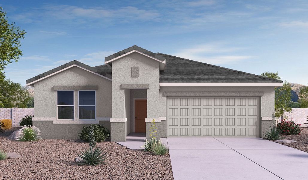Front exterior of a new home in Barnett Village, Marana, AZ, highlighting curb appeal (Image 1).