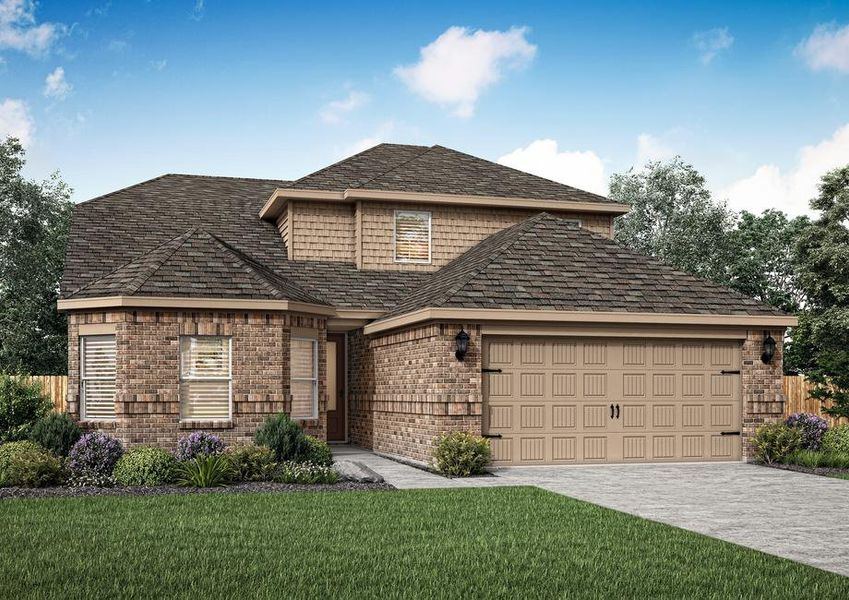 Gorgeous new home showcasing bay windows and a two-car garage.