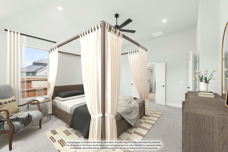 Bedroom with four-poster canopy bed, ceiling fan, carpet flooring, and large window with natural light Bedroom with four-poster canopy bed, ceiling fan, carpet flooring, and large window with natural light