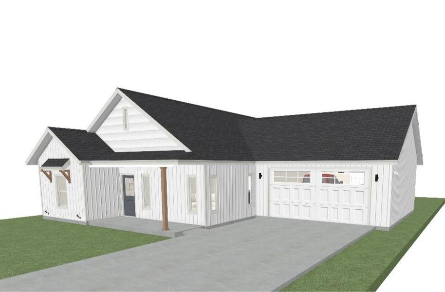 View of front facade with a front lawn, driveway, board and batten siding, and roof with shingles
