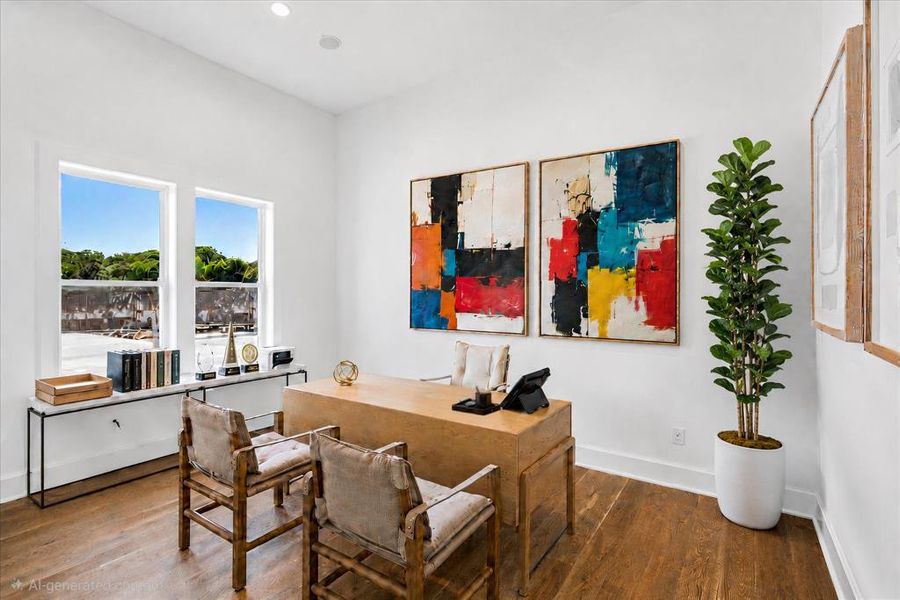 Bright room featuring two large windows, recessed lighting, white walls, and wood-finish flooring