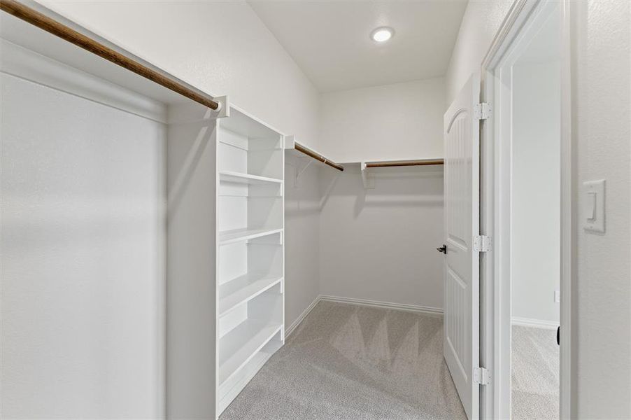 Walk in closet featuring light colored carpet