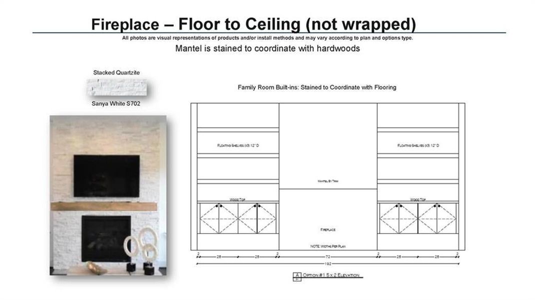 Fireplace surround for the 55" Linear - Stacked white quartzite and added cabinets and floating shelves