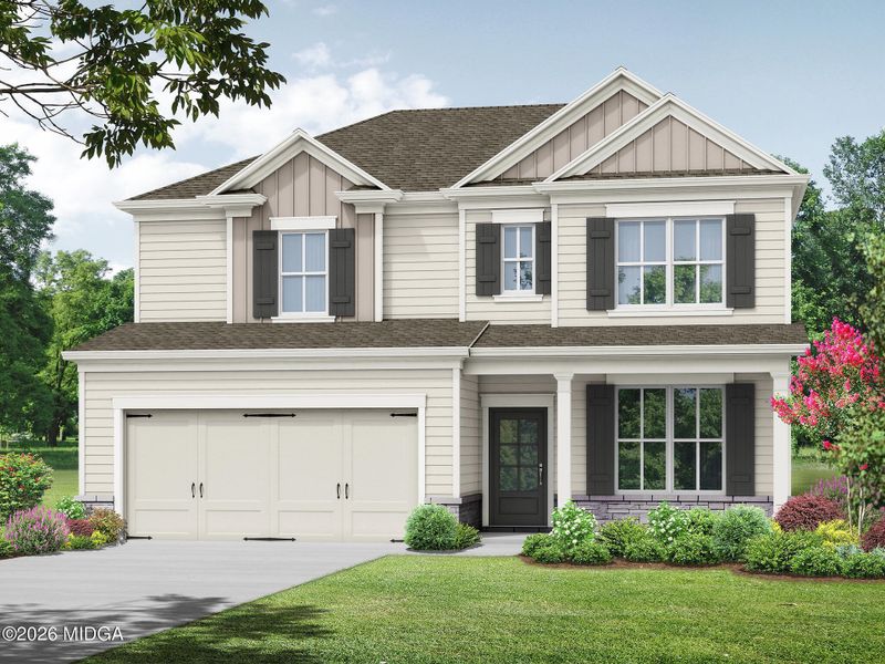 Front exterior of a new home in Langston Place, Perry, GA, highlighting curb appeal (Image 1). Front exterior of a new home in Langston Place, Perry, GA, highlighting curb appeal (Image 1).