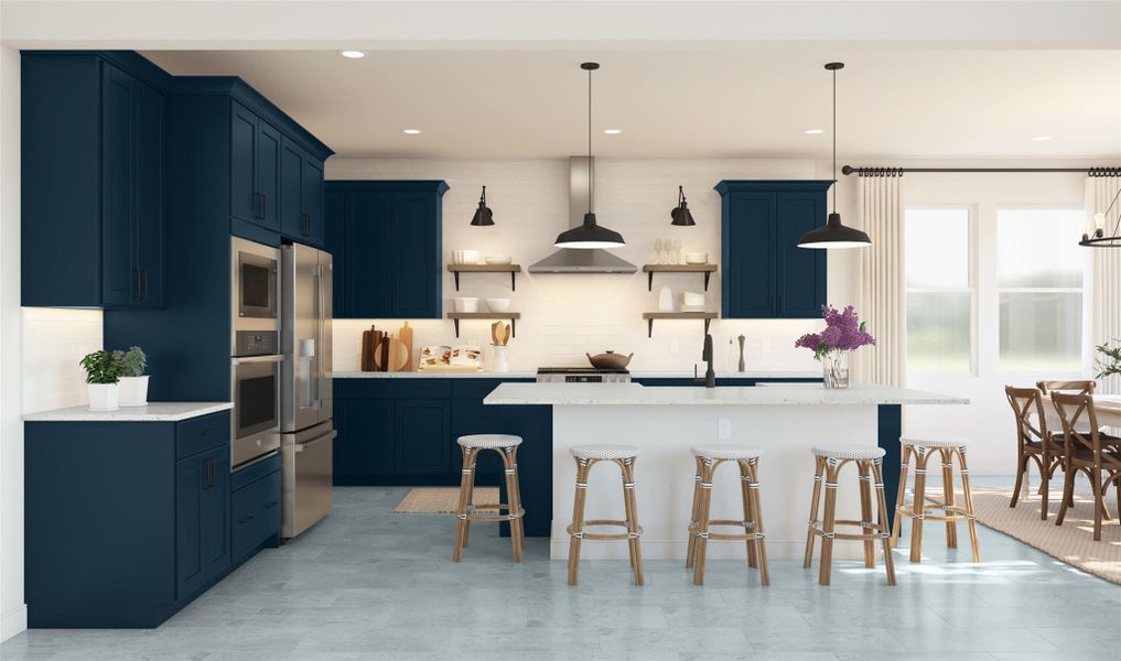Gourmet island kitchen with blue cabinets and quartz counters  (*Artist rendering used for illustration purposes only.)