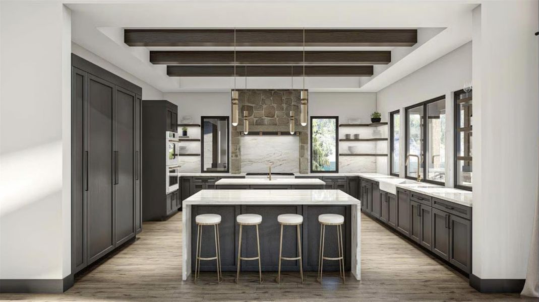Kitchen featuring a breakfast bar area, decorative light fixtures, light stone countertops, beamed ceiling, and open shelves Kitchen featuring a breakfast bar area, decorative light fixtures, light stone countertops, beamed ceiling, and open shelves