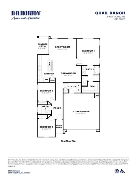 2D floor plan layout for the Swan by D.R. Horton in Quail Ranch, San Tan Valley, AZ (Image 3).