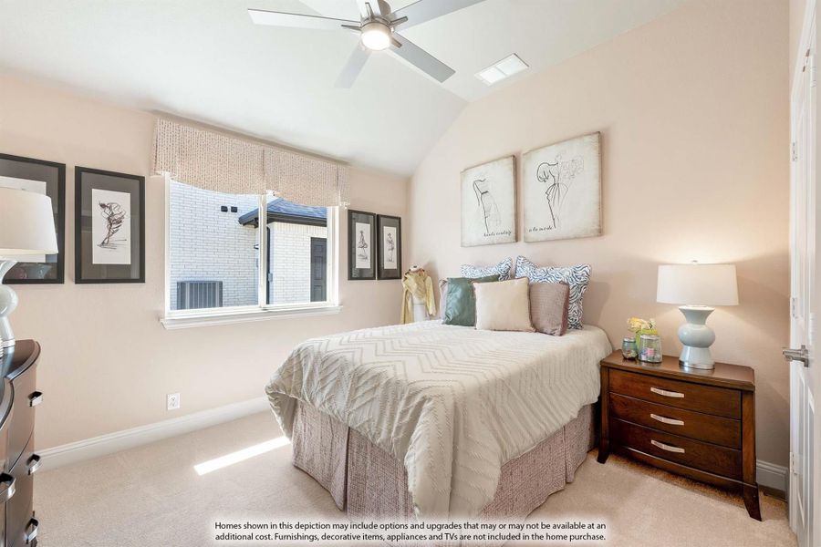 Bedroom with vaulted ceiling, ceiling fan, carpet flooring, and wood nightstand beside a queen bed