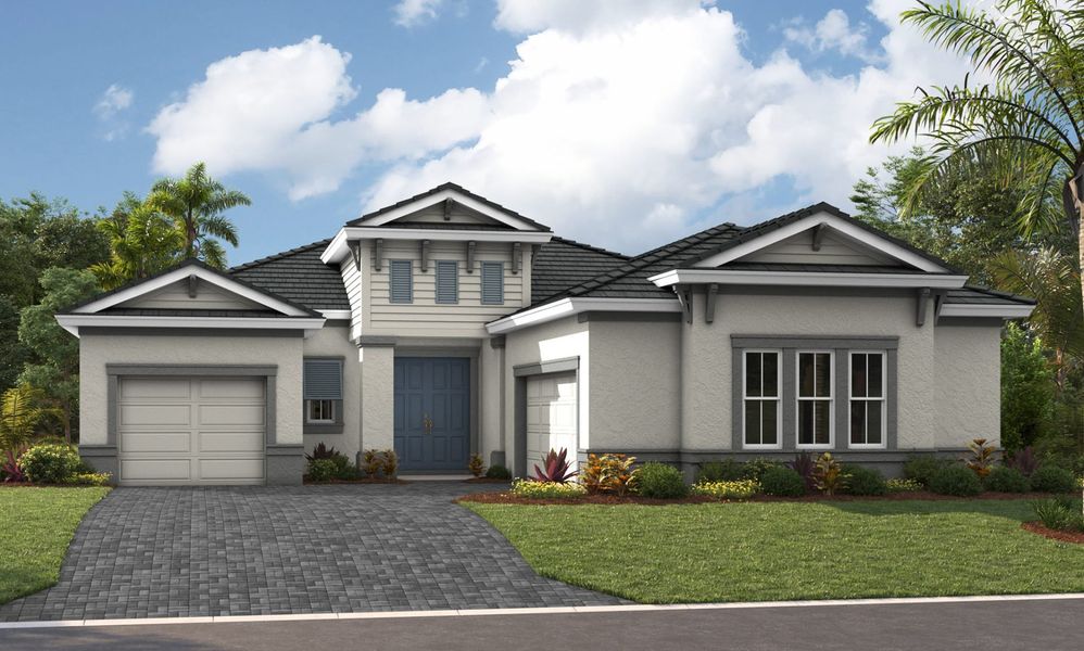 Representative exterior photo of a completed home built from the Siesta Key I by Homes by WestBay in Longleaf at Grand Park, Sarasota, FL (Image 4).
