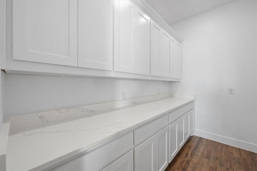 Laundry room with dark hardwood / wood-style floors