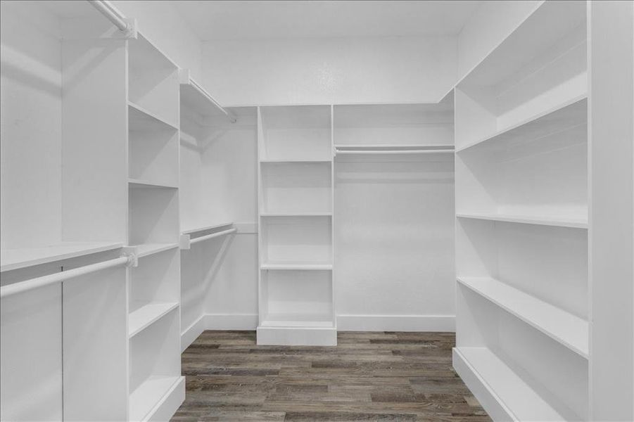 Walk in closet featuring dark hardwood / wood-style flooring