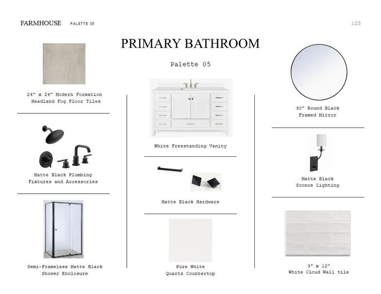 Farmhouse Look Palette 5: Primary Bathroom Selection Sheet (*Artist rendering used for illustration purposes only.)