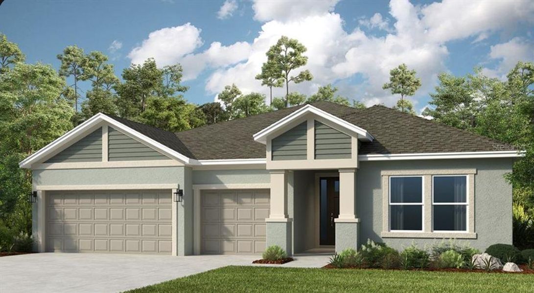 Front exterior of a new home in The Waters at Center Lake Ranch, St. Cloud, FL, highlighting curb appeal (Image 1).
