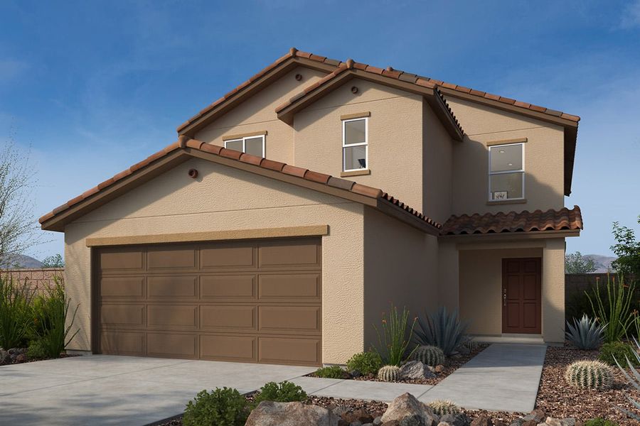 Front exterior of a new home in Entrada Del Toro at Rancho Sahuarita, Sahuarita, AZ, highlighting curb appeal (Image 1). Front exterior of a new home in Entrada Del Toro at Rancho Sahuarita, Sahuarita, AZ, highlighting curb appeal (Image 1).