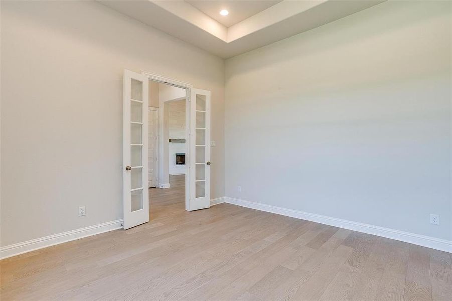 Empty room with light hardwood / wood-style floors, french doors, and a tray ceiling