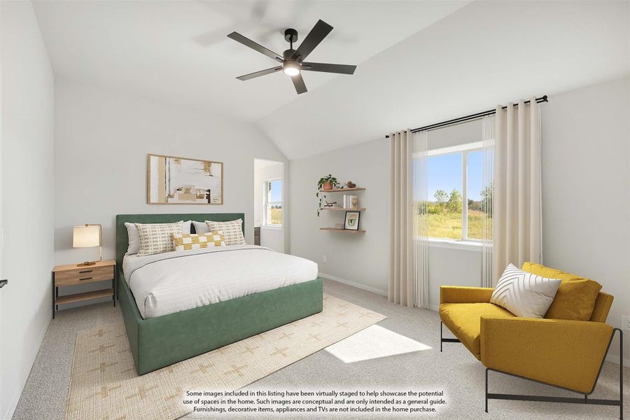 Bedroom with vaulted ceiling, ceiling fan, carpet flooring, and large window with natural light