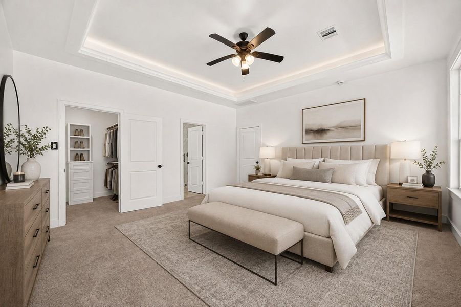 Oversized primary bedroom provides an abundance of space. Virtually staged.