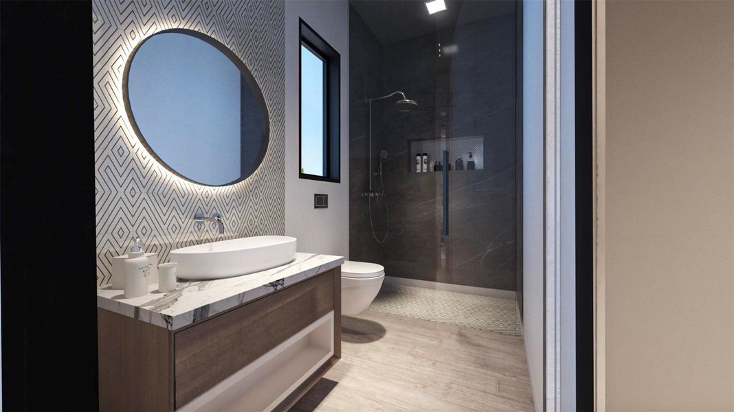 This modern bathroom features a stylish round mirror with backlighting, a sleek vanity with a vessel sink, and a spacious walk-in shower with a dark, elegant tile design. The room is well-lit with natural light from a window, creating a bright and inviting space. Virtually staged. This modern bathroom features a stylish round mirror with backlighting, a sleek vanity with a vessel sink, and a spacious walk-in shower with a dark, elegant tile design. The room is well-lit with natural light from a window, creating a bright and inviting space. Virtually staged.