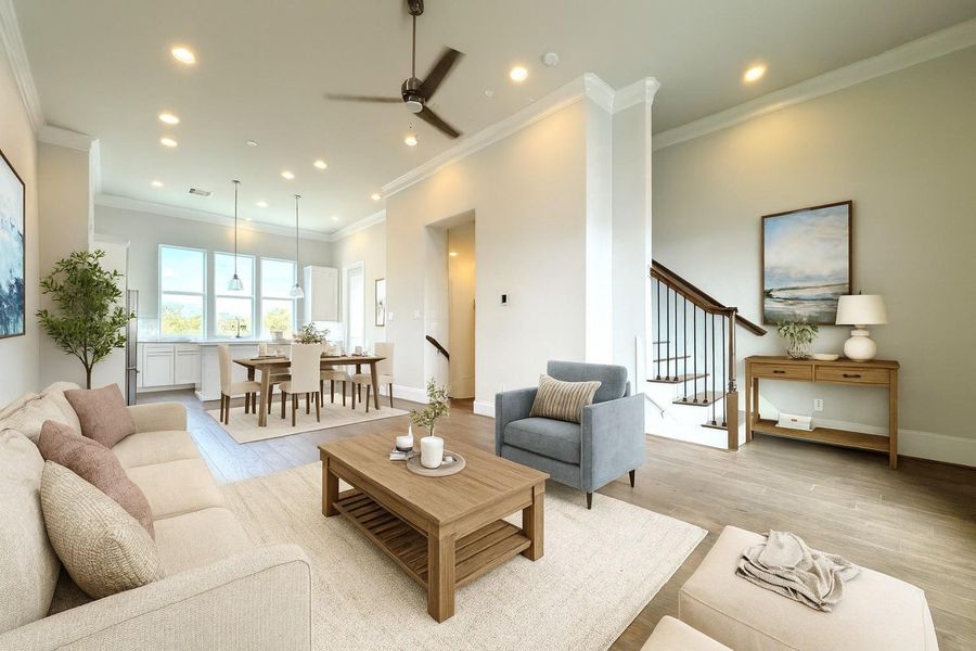 Virtually staged second-floor living and dining.