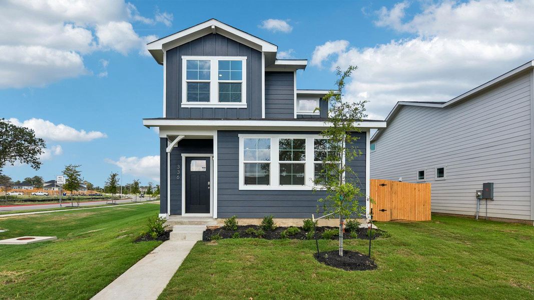 Front exterior of a new home in Valverde, Bastrop, TX, highlighting curb appeal (Image 2). Front exterior of a new home in Valverde, Bastrop, TX, highlighting curb appeal (Image 2).