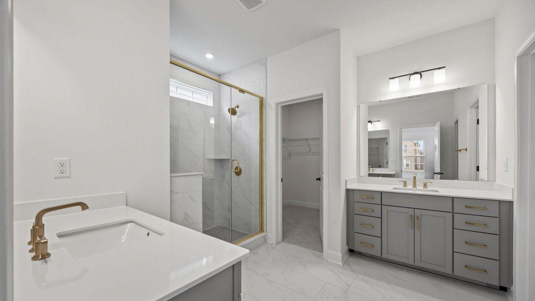 The Brentwood Plan by DRB Homes in River District, Charlotte NC.- Primary Bathroom The Brentwood Plan by DRB Homes in River District, Charlotte NC.- Primary Bathroom