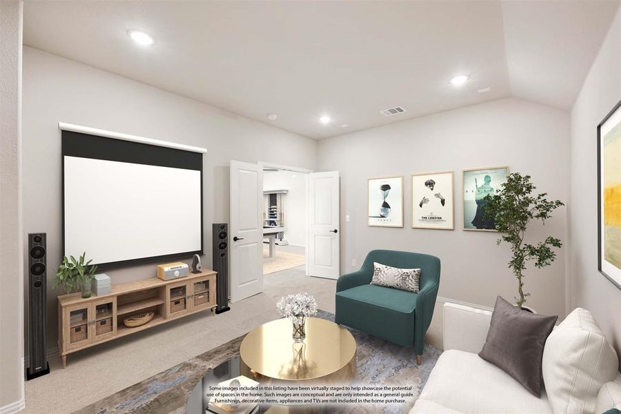 Media room with large projection screen, floor speakers, and seating area with sofa and accent chair Media room with large projection screen, floor speakers, and seating area with sofa and accent chair