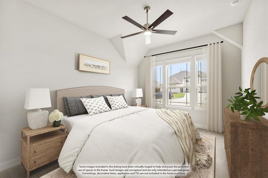 Bedroom with vaulted ceiling, ceiling fan, large windows, and neutral carpet flooring