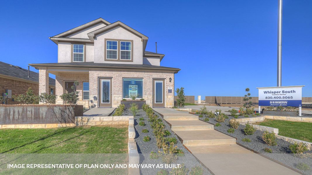 Front exterior of a new home in Whisper South, San Marcos, TX, highlighting curb appeal (Image 2). Front exterior of a new home in Whisper South, San Marcos, TX, highlighting curb appeal (Image 2).