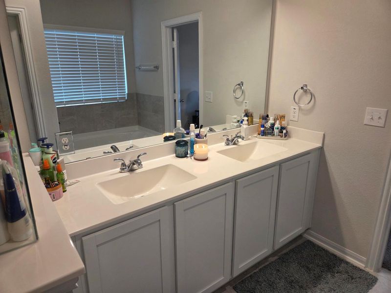 Dual vanity with white cabinetry and integrated sinks