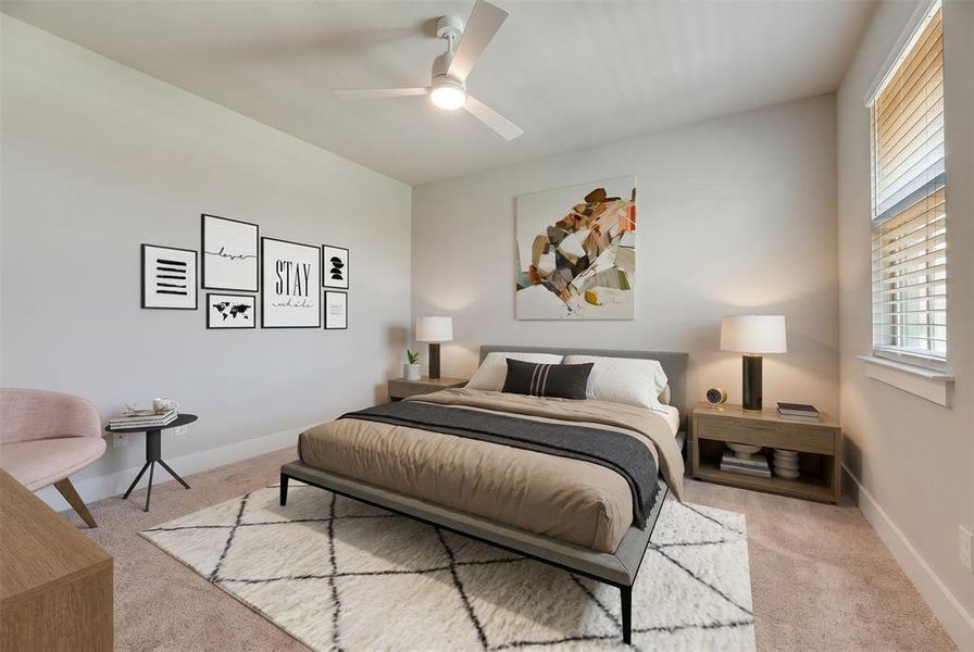 Spacious bedroom featuring neutral wall tones, window with blinds, and a ceiling fan with integrated lighting