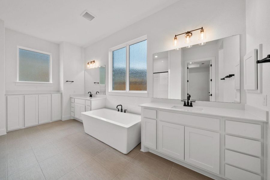 Primary Bath retreat with dual vanities & garden tub