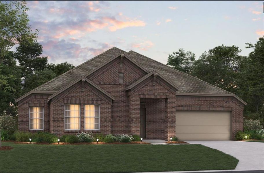 Front exterior of a new home in Kings Way, Denton, TX, highlighting curb appeal (Image 1).